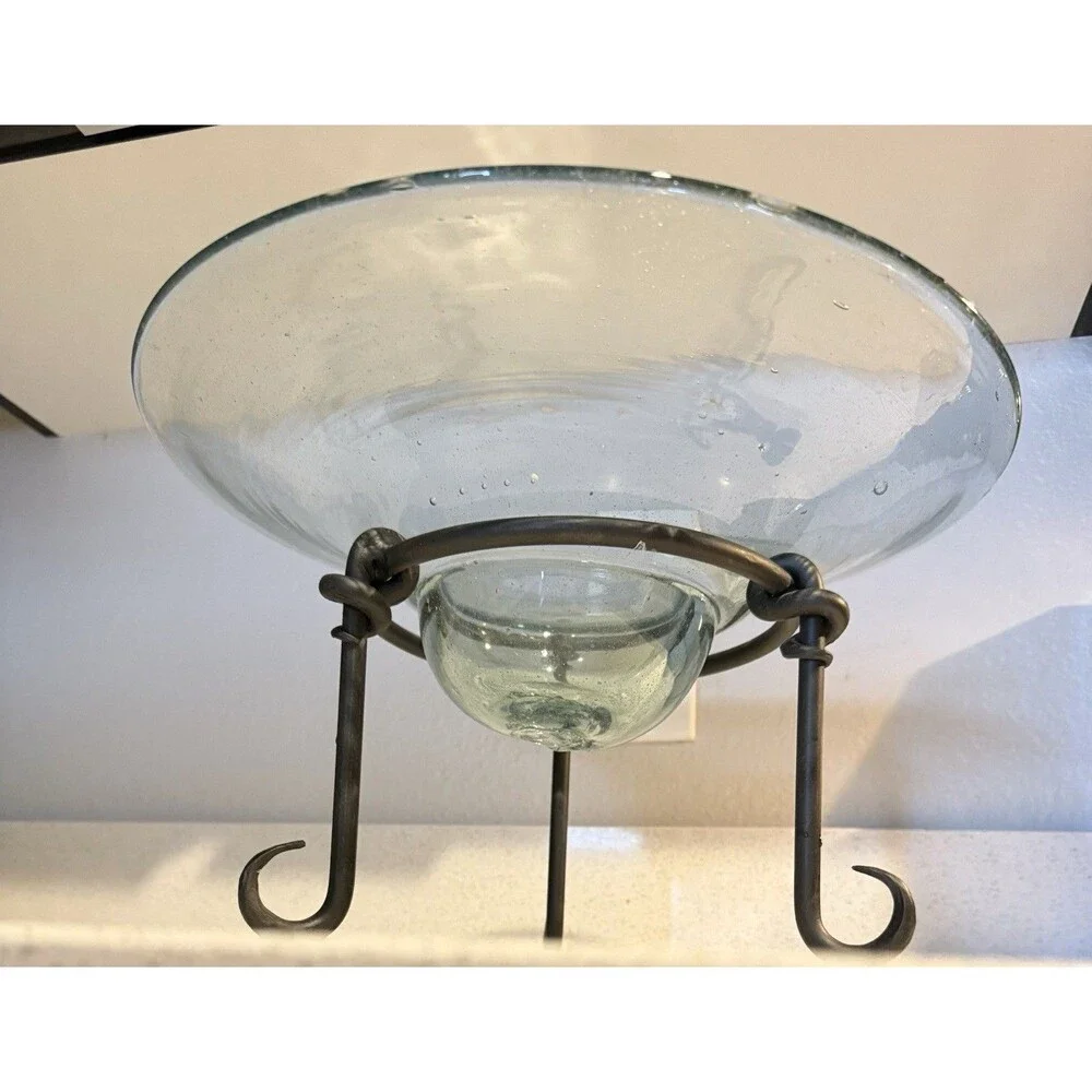 Hand Blown Thick Transparent Funnel Glass Wrought Iron 3 Leg Stand